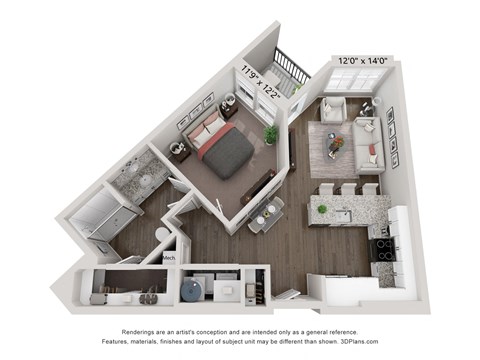 this is a 3d floor plan of a 824 square foot 1 bedroom apartment at the
